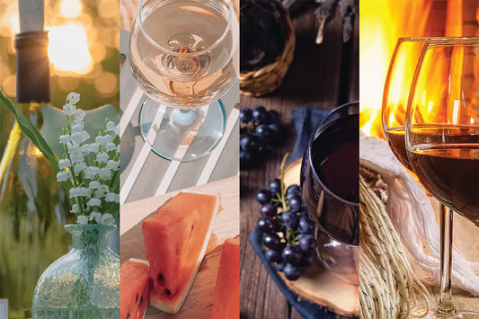 White wine with flowers, rosé with watermelon slices, red wine with red grapes, and red wine near a fireplace.