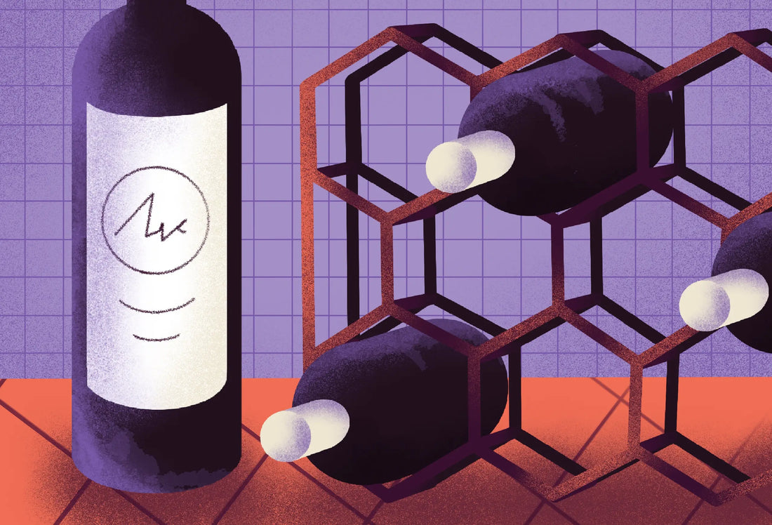 Illustration of a wine bottle with three additional bottles in a wine rack. 