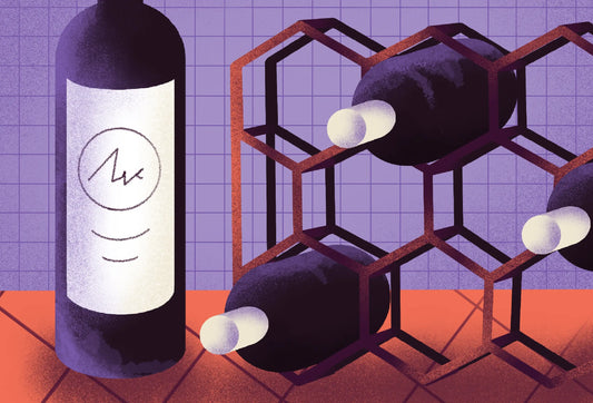 Illustration of a wine bottle with three additional bottles in a wine rack. 