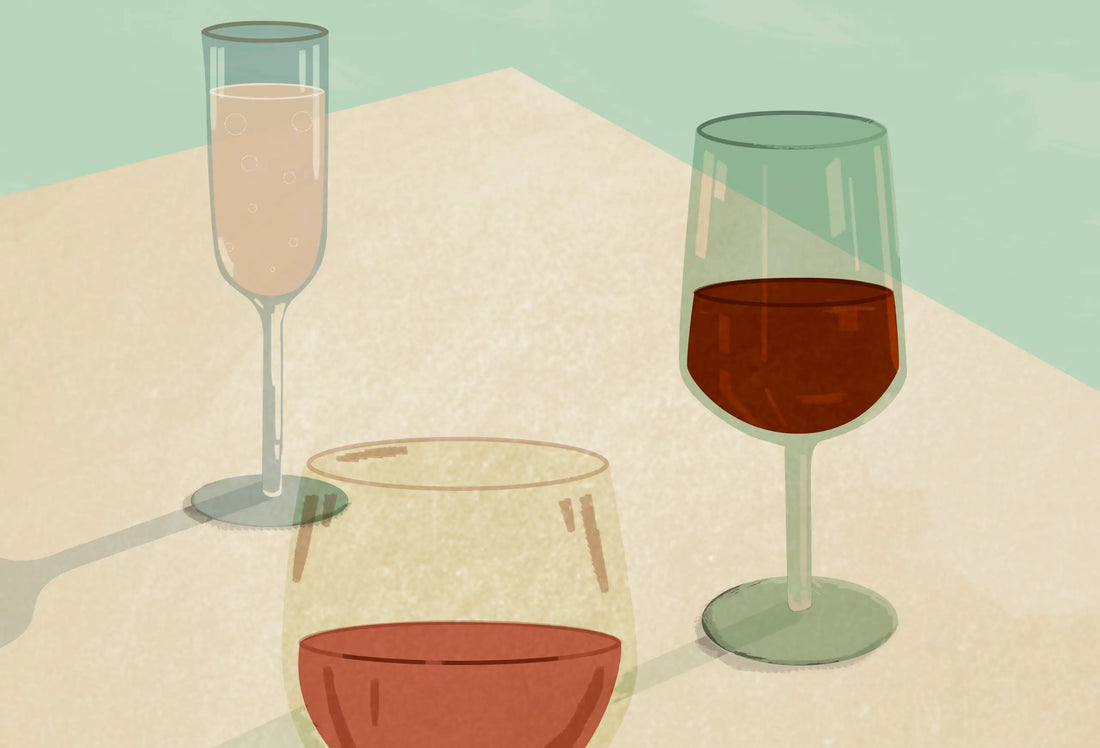 Illustration of 3 wine glasses on a grey and teal background