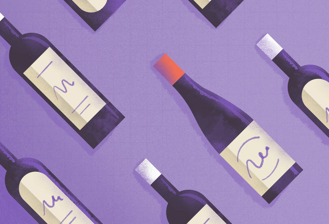 Illustration of wine bottles on a purple background.