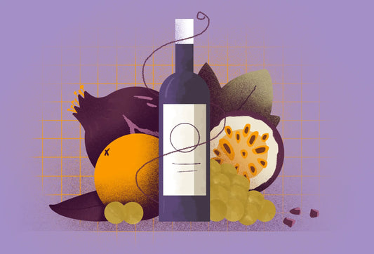 Illustration of a wine bottle and fruit on a purple background.