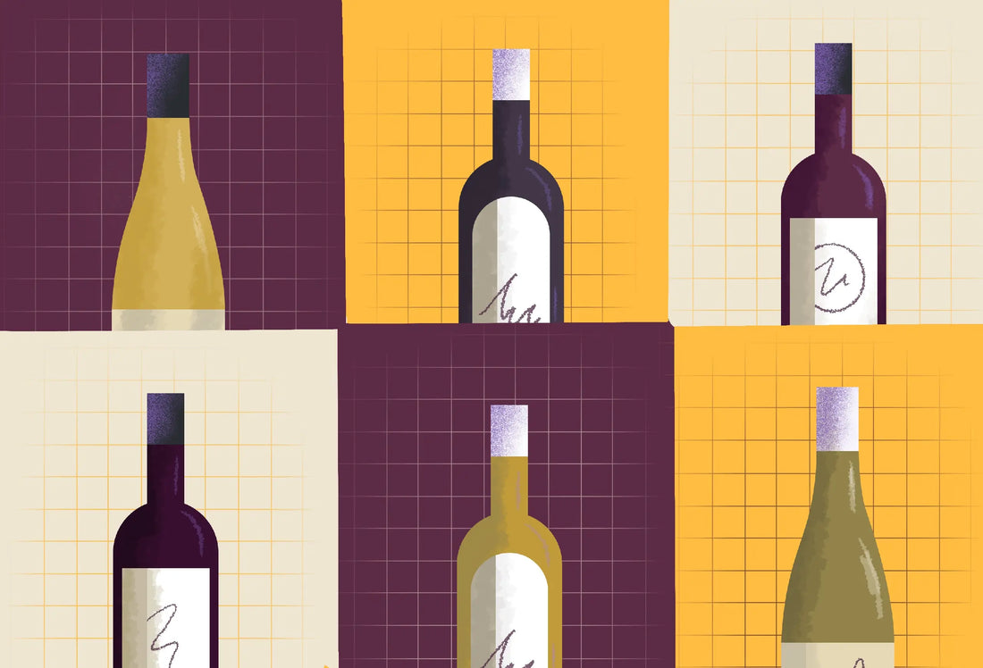 Illustration of wine bottles on yellow, maroon, and beige background.