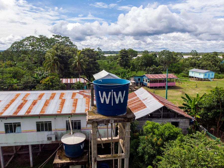 Image of Wine to Water water tower in the Amazon.
