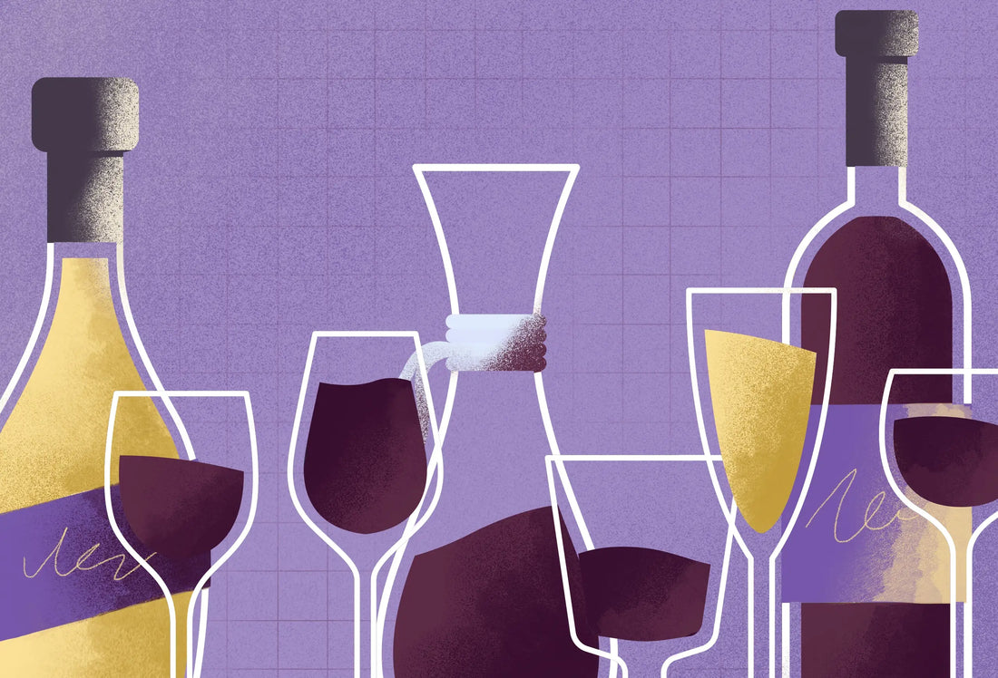Illustration of wine glasses and bottles on a purple background
