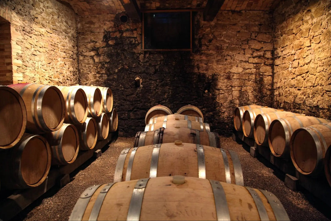 Oak barrels in a wine cellar