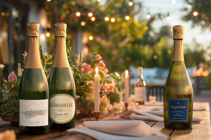 Three bottles of sparkling wine on a candlelit table.