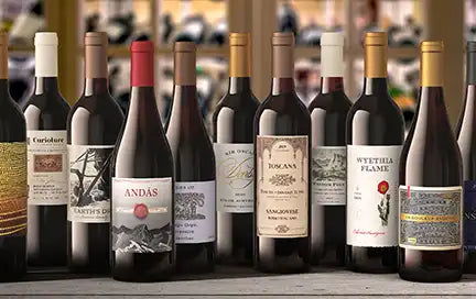 Several bottles of red wine lined up in a wine store.