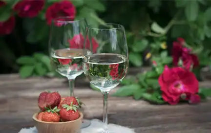 Two glasses of white wine and a bowl of strawberries in front of flowers.