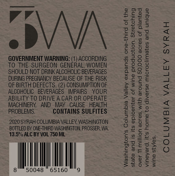 1/3 WA 2020 Syrah Columbia Valley, Washington