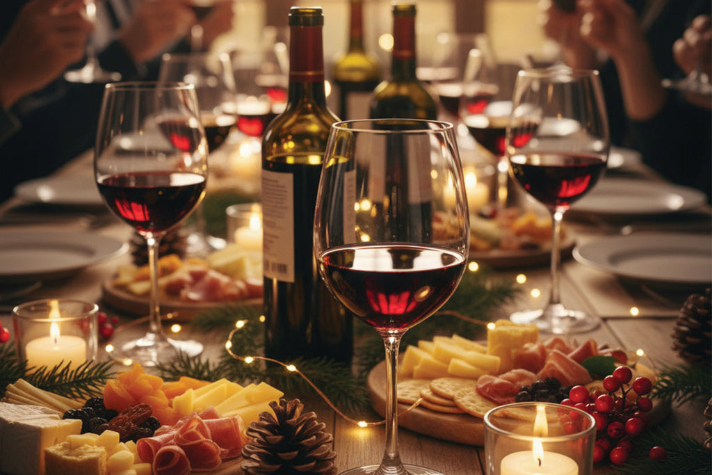 Wine glasses with red wine, cheese platter, and candles on a festive table.