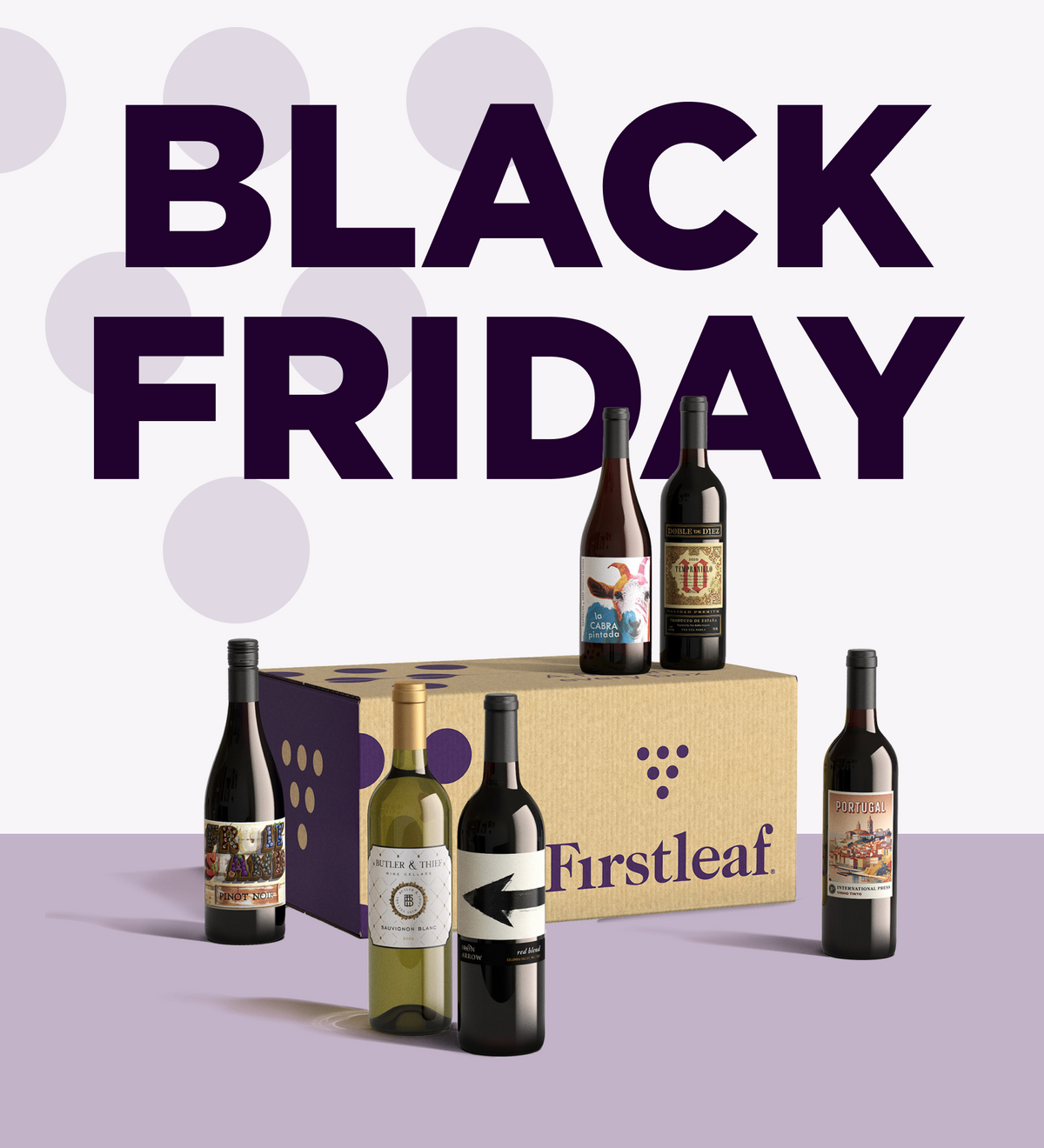 Firstleaf bottles and box on a light purple background