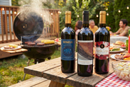 the bottles of red wine in front of a grill on a picnic table