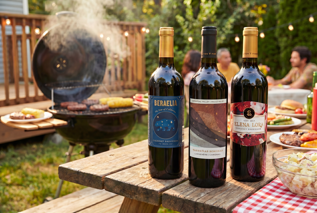 the bottles of red wine in front of a grill on a picnic table