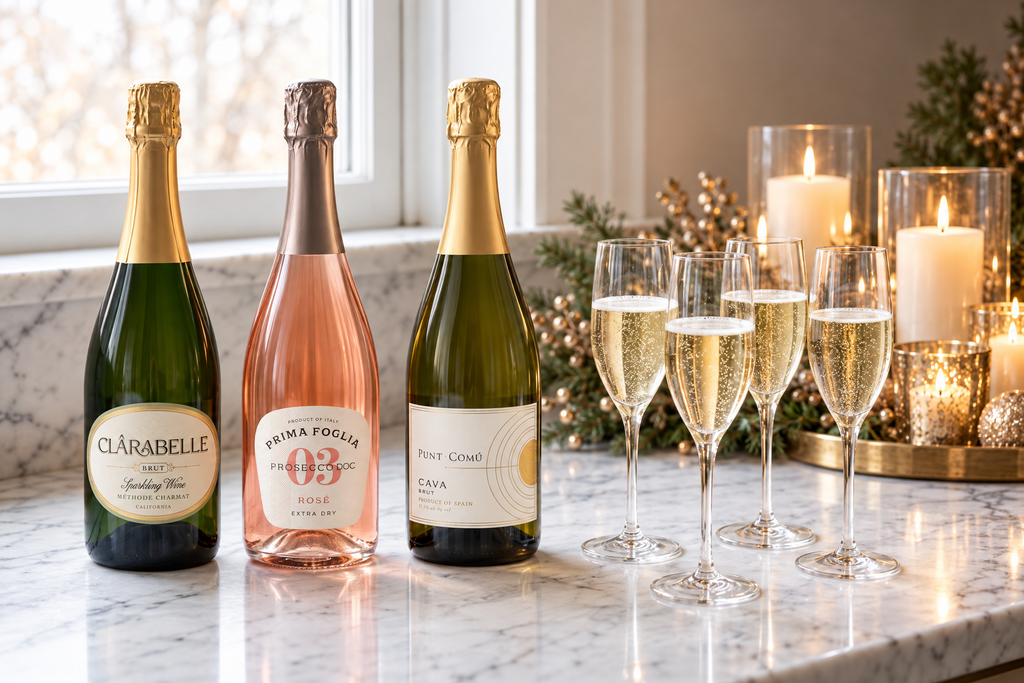 three bottles of sparkling with glasses on a counter