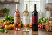 three bottles of wine on a counter surrounded by vegetables