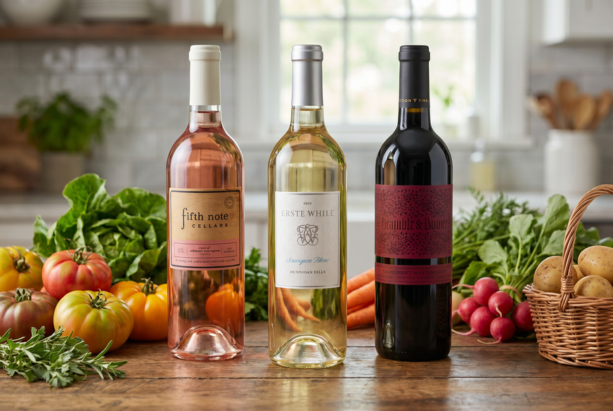 three bottles of wine on a counter surrounded by vegetables