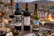 Three wine bottles in an early evening autumn setting