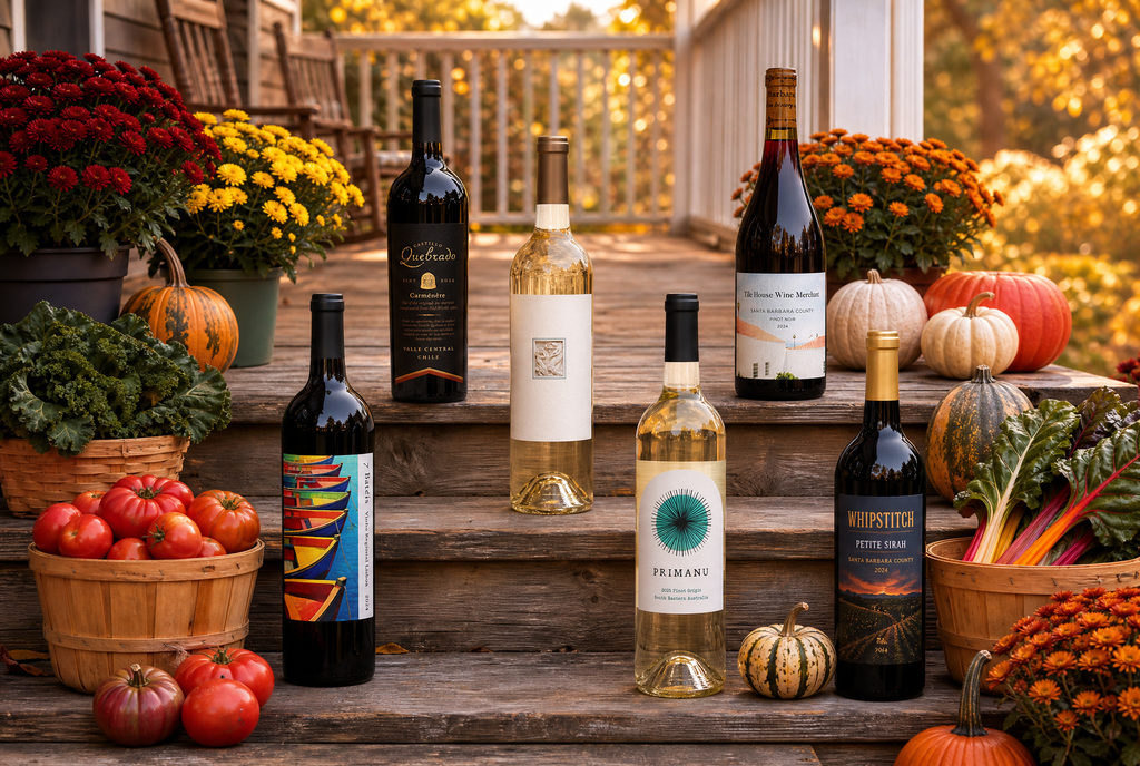 harvest collection wines on the front steps surrounded  by fall produce