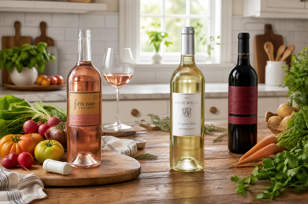 three bottles of wine on a counter surrounded by vegetables