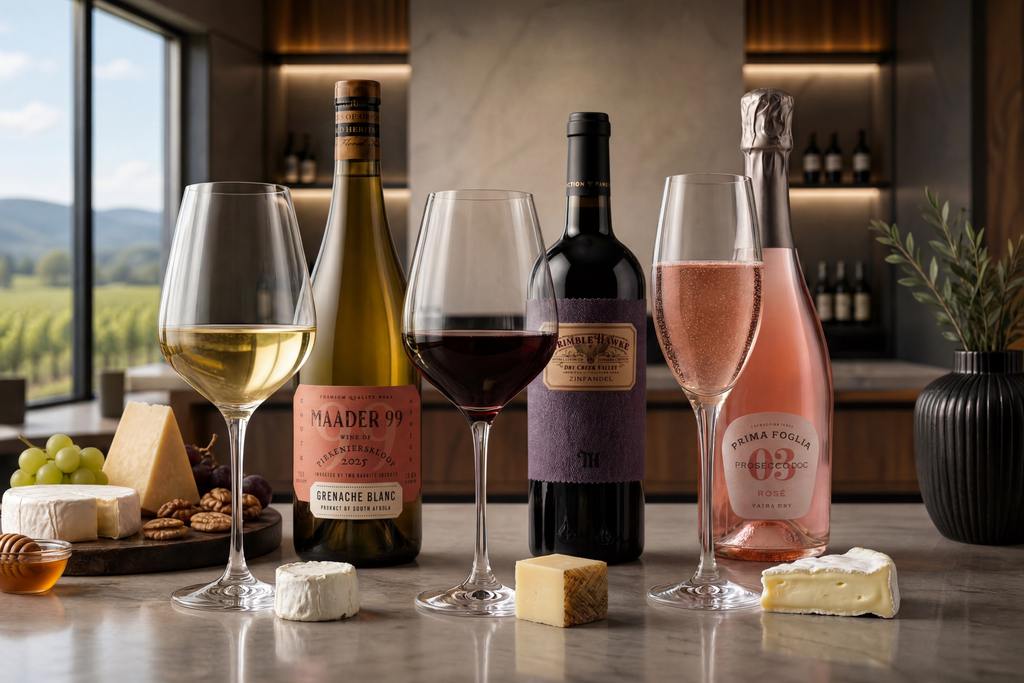 three bottles of wine, with the glasses on wine and three different cheeses