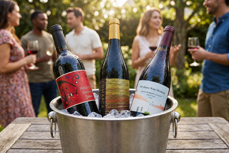 three bottles of red wine in an ice bucket on a wooden table