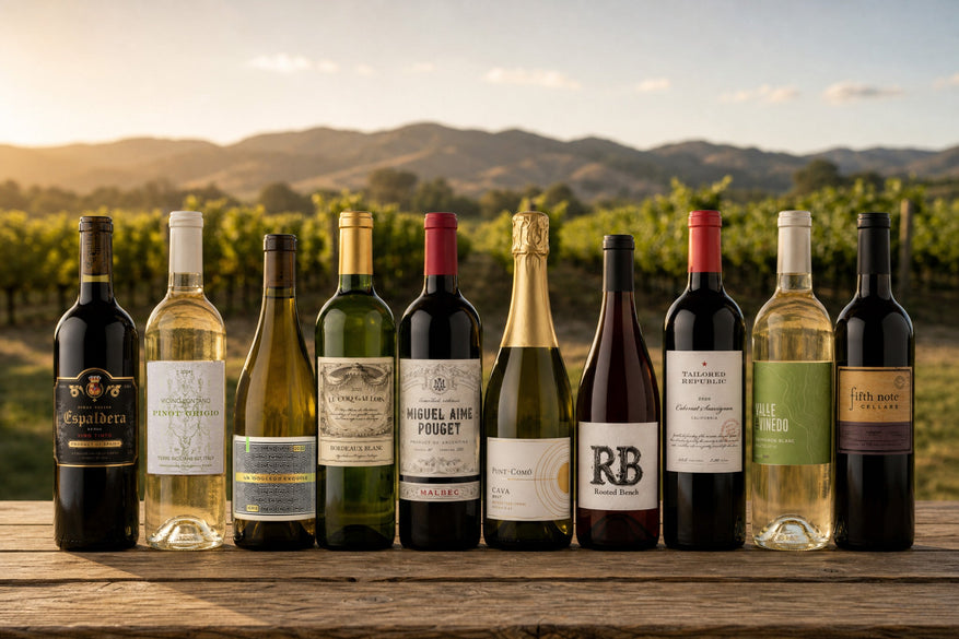 10 wine bottles on a wooden table