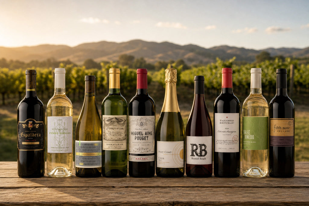 10 wine bottles on a wooden table