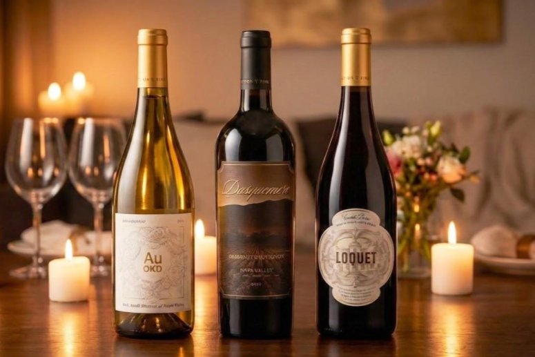 three bottles of wine on a table with wine galsses, flowers and candlelight