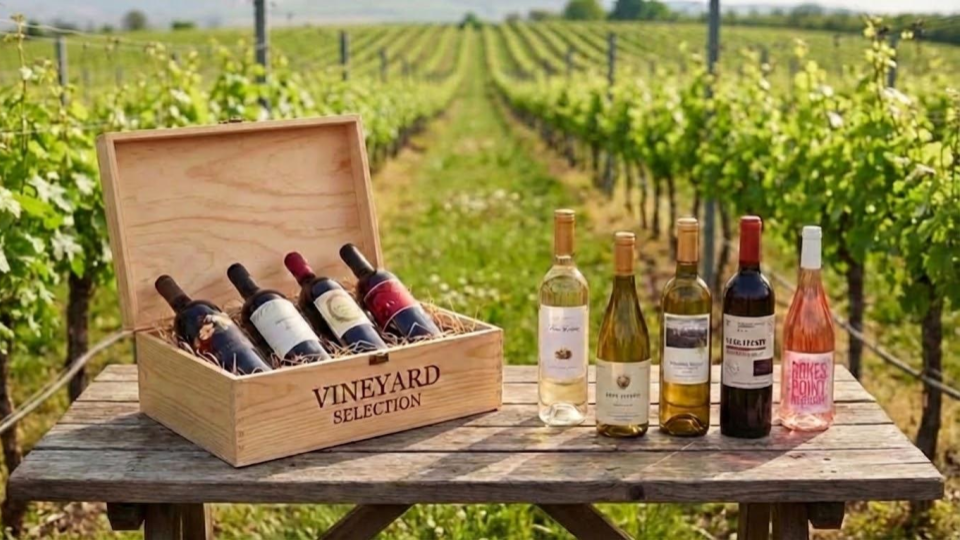 9 bottles on a wooden table in a vineyard, 4 bottles of red in a wooden wine box, 5 lined up on the table