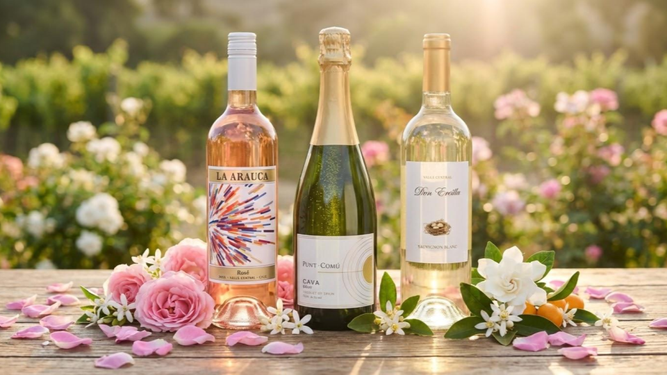 3 bottles of wine, 1 rose, 1 sparkling and 1 white on a wodden table with lots of sunshine and flower petals strewn around.