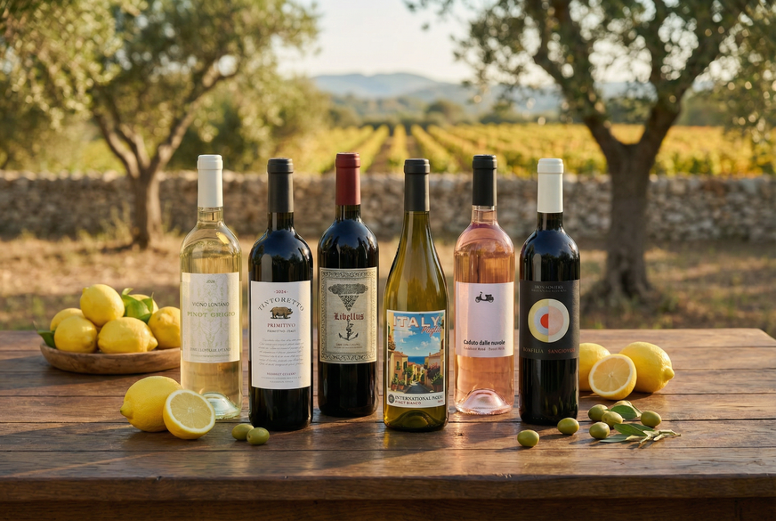6 bottles of wine on a rustic table with lemons and olives in an Italian vineyard setting