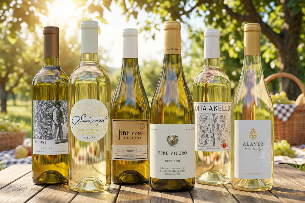 6 bottles of white wines on a picnic table