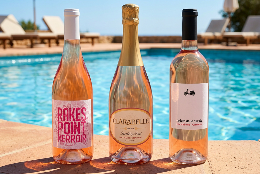 three bottles or rose poolside