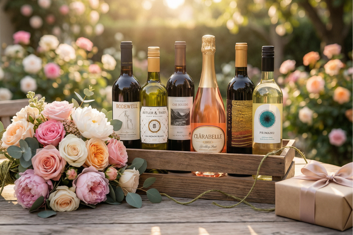 a garden setting of 6 bottles of wine, 3 red 2 white and 1 sparkling rose in a wooden box on a rustic table with a bouquet of roses and peonies alongside a brown wrapped gift