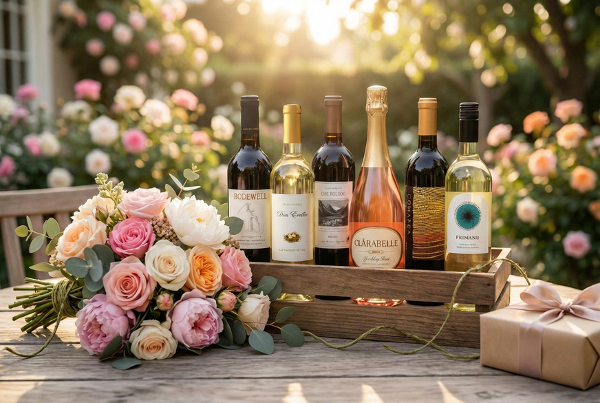 6 bottles in a wooden box on a table with a bouquet and present