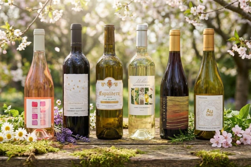 6 bottles of wine, 2 reds, 3 whites 1 rose on a mossy wodden table surrounded by sprping flower buds