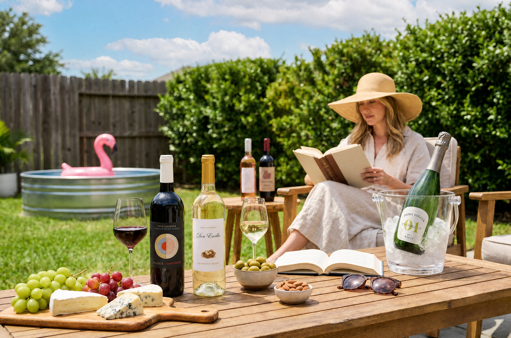 woman reading in a chair with a stock tank pool and 5 bottles of wine spread around the scene