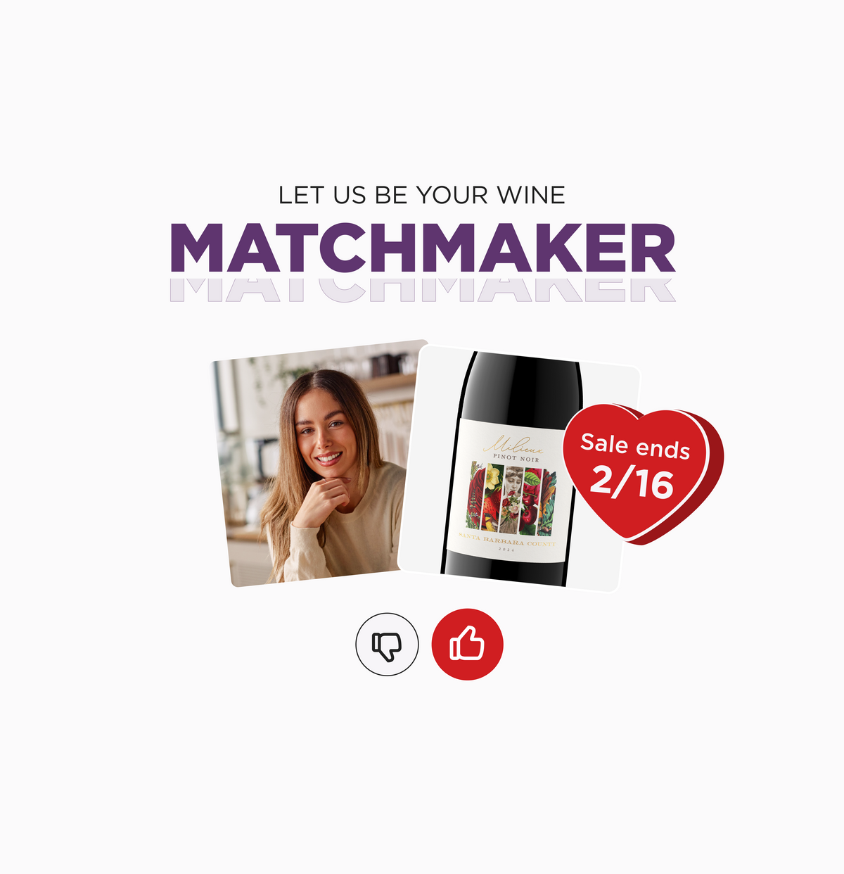 A woman in a beige sweater next to a bottle of red wine, with 