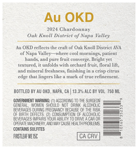 Au O.K.D 2024 Chardonnay Oak Knoll District, Napa Valley