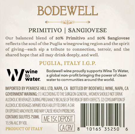 Bodewell 2024 Primitivo - Sangiovese Puglia IGT Back Label