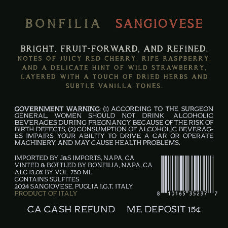 Bonfilia 2024 Sangiovese Back Label
