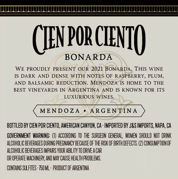 Cien por Ciento 2021 Bonarda Mendoza, Argentina