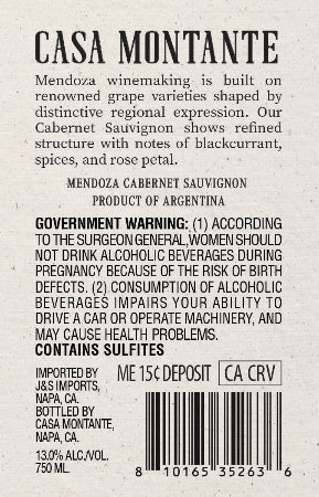 Casa Montante 2024 Cabernet Sauvignon Back Label