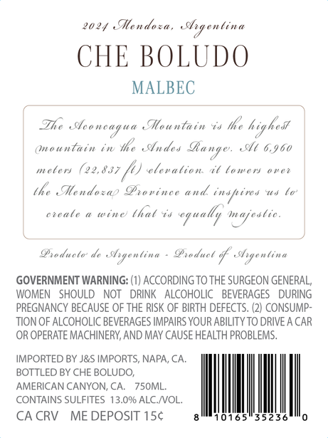 Che Boludo 2024 Malbec Back Label
