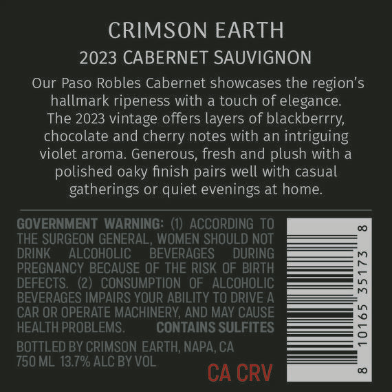 Crimson Earth 2023 Cabernet Sauvignon Paso Robles, California