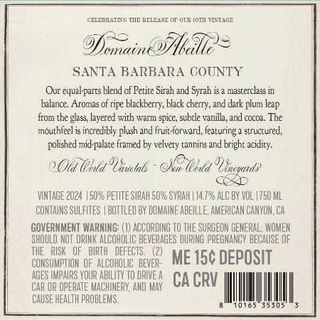 Domaine Abeille Red Blend Back Label
