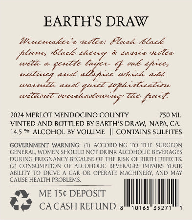 Earth's Draw 2024 Merlot Back Label