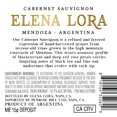Elena Lora 2024 Cabernet Sauvignon Back Label