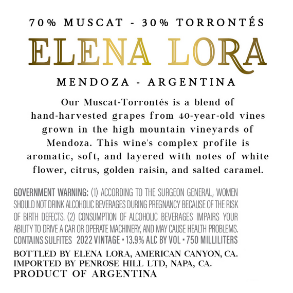 Elena Lora 2022 Muscat - Torrontés Mendoza, Argentina